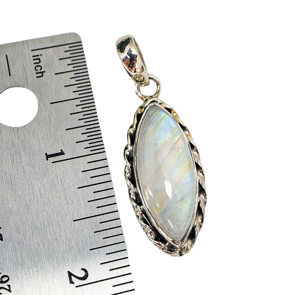Vintage Rainbow Moonstone Pendant – Sterling Silver SJ925, Marquise Cabochon - Picture 7 of 8